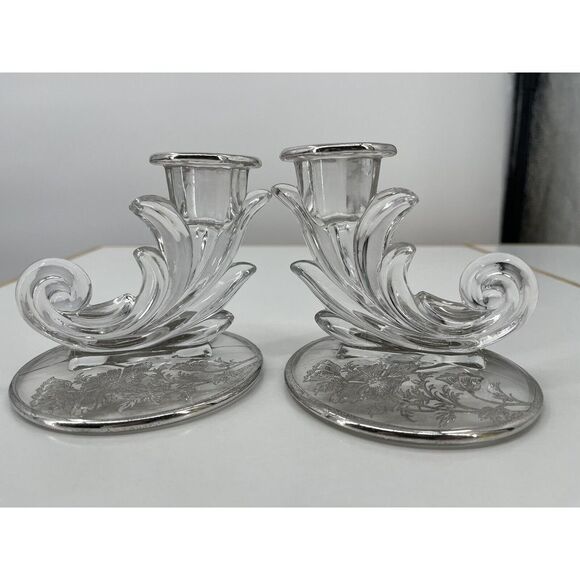 Vintage Set Of 2 Crystal Clear Glass Baroque Candle Holder Single Light Silver‎ - Picture 2 of 11